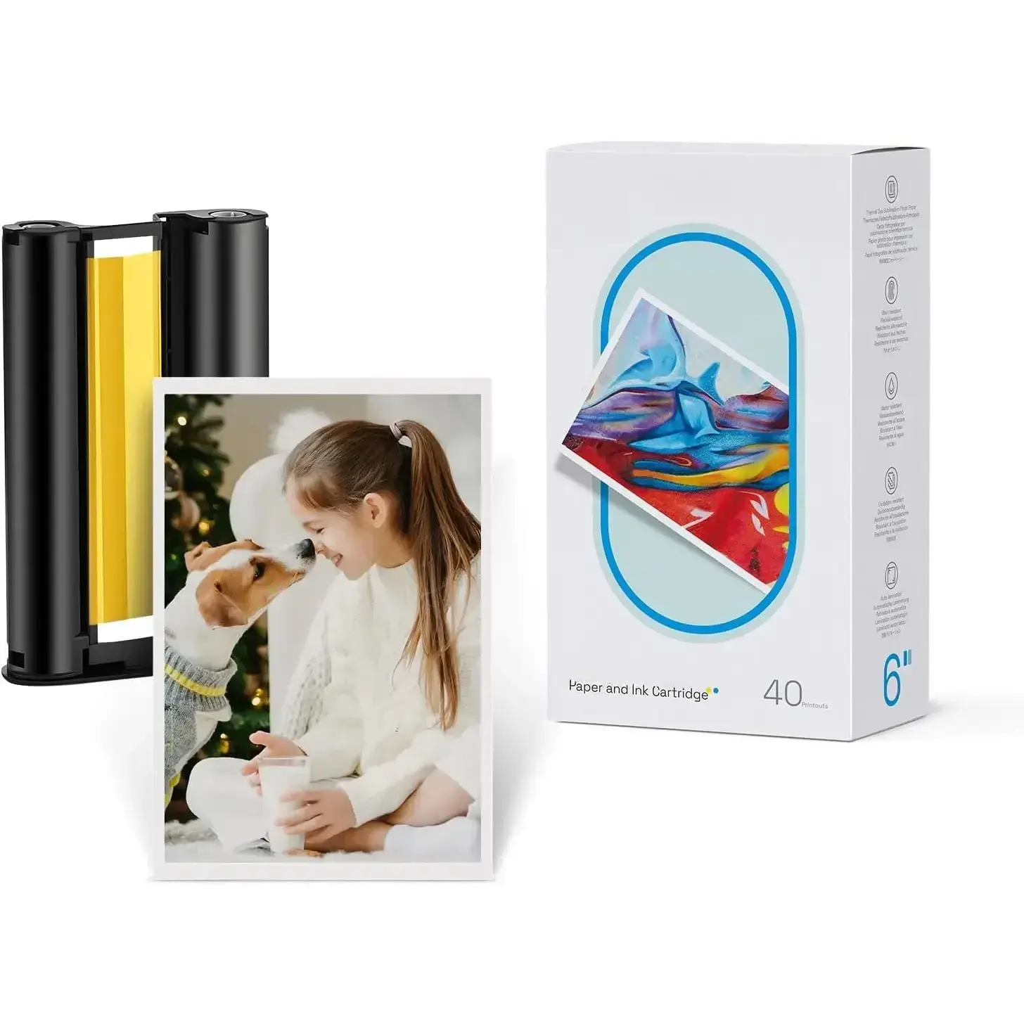 Amber M100/M200 4x6 inches Thermal Dye Sublimation Photo Printer Accessory Kit - 40 Pcs Improved Waterproof Glossy Photo Paper, 1 Ink Cartridge Refill for DHP512/DHP513 (Ideal for Framing, Scrapbook)