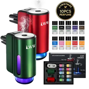 LWW Smart Car Air Freshener Diffuser 3-in-1 USB Powered Rechargeable with LED 3-Level Intensity Control & 10 x 10ml French Oils for Enhanced Woody Fruity Aromatic Scent