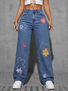 Jeanius Women's High Waisted Wide Leg Jeans | Light Blue Washed Denim | Casual Floral Print Pants for Spring/Summer summervibes
