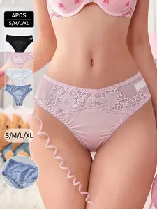 4 Pcs Women's Satin Lace Mesh Underwear, Sexy Plain Fitted Basic Casual Undergarments, All-Seasons High-Waisted Bottoms, Elegant Design, Panties