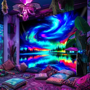 Enchanted Forest Lake UV Glow Wall Tapestry - Blacklight Neon Aurora Dorm Decoration Gift For Her Boho Lover Glow In The Dark