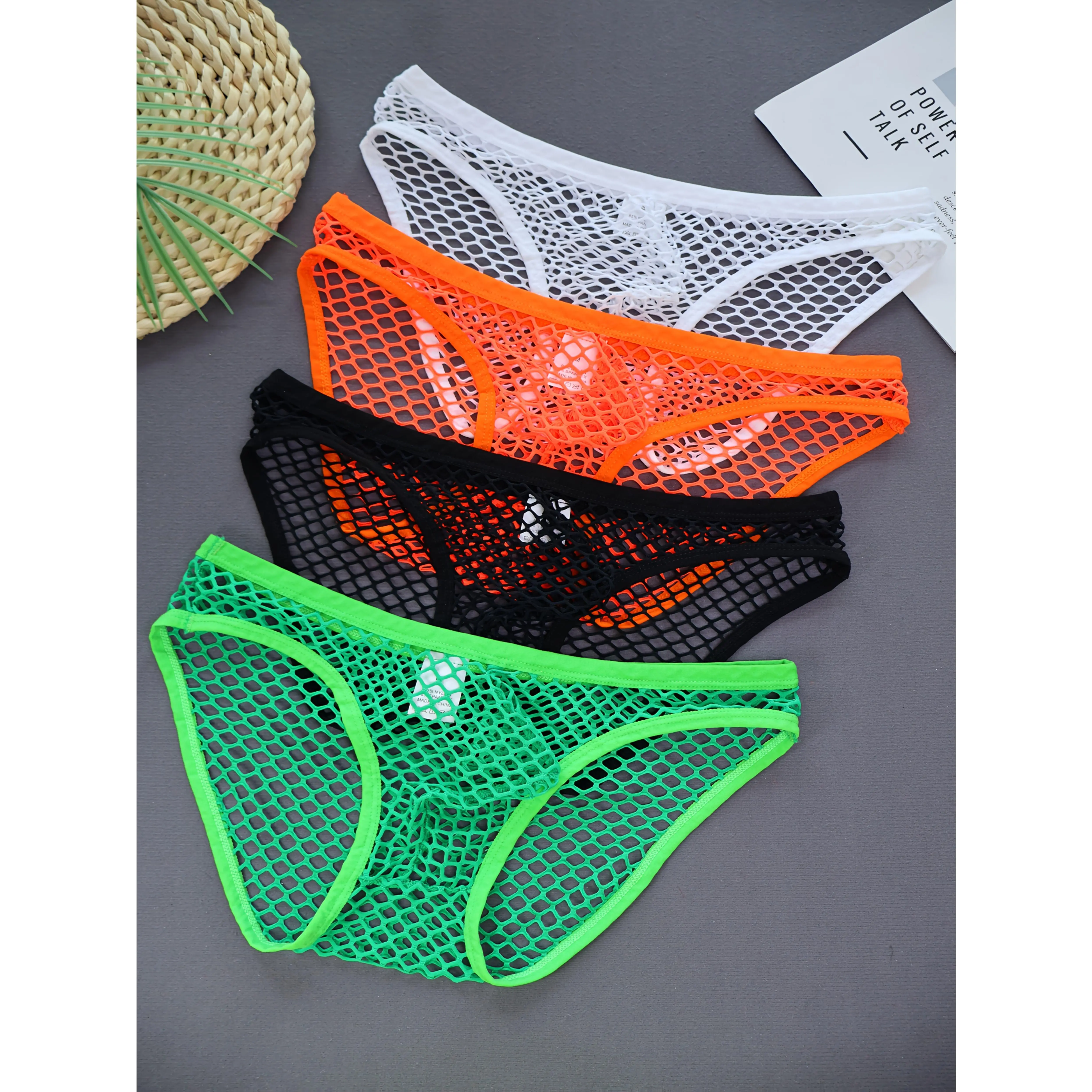 Men's Transparent Fishnet Knit Thong Briefs, 4pcs Combo Pack, Menswear Solid Color Plain Seductive Underwear, Solid Color Briefs, High-Stretch Men's G String, Elasticity Design Underwear, Low-Rise Underwear Men's G String