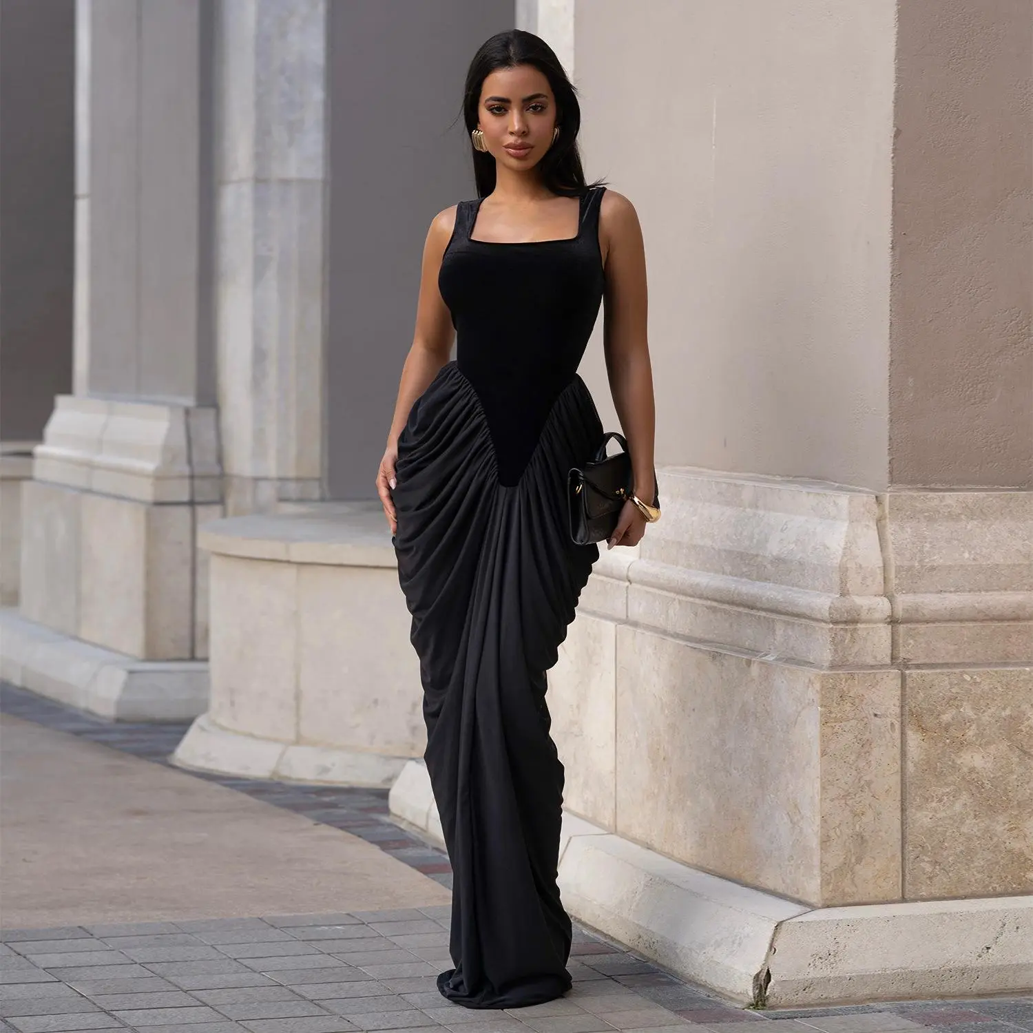 Women Velvet Stacked Ruched Sleeveless Bodycon Long Maxi Dresses 2026 Fall Party Trendy Birthday Evening Dress
