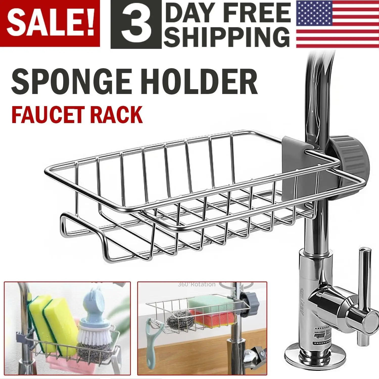 Kitchen Sink Caddy Organizer Over Faucet Sponge Holder, Stainless Steel Heavy Duty Thickening Hanging Faucet Drain Rack for Scrubbers, Soap, Bathroom,