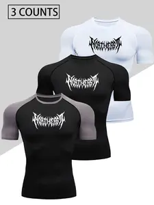 Men's 3-Piece Compression T-Shirt Set - Quick-drying, breathable, moisture-wicking, slim-fit, crew neck, summer knit fabric, printed design, Athleisure wear set, suitable for fitness, running, everyday wear, outdoor sportswear, athletic style