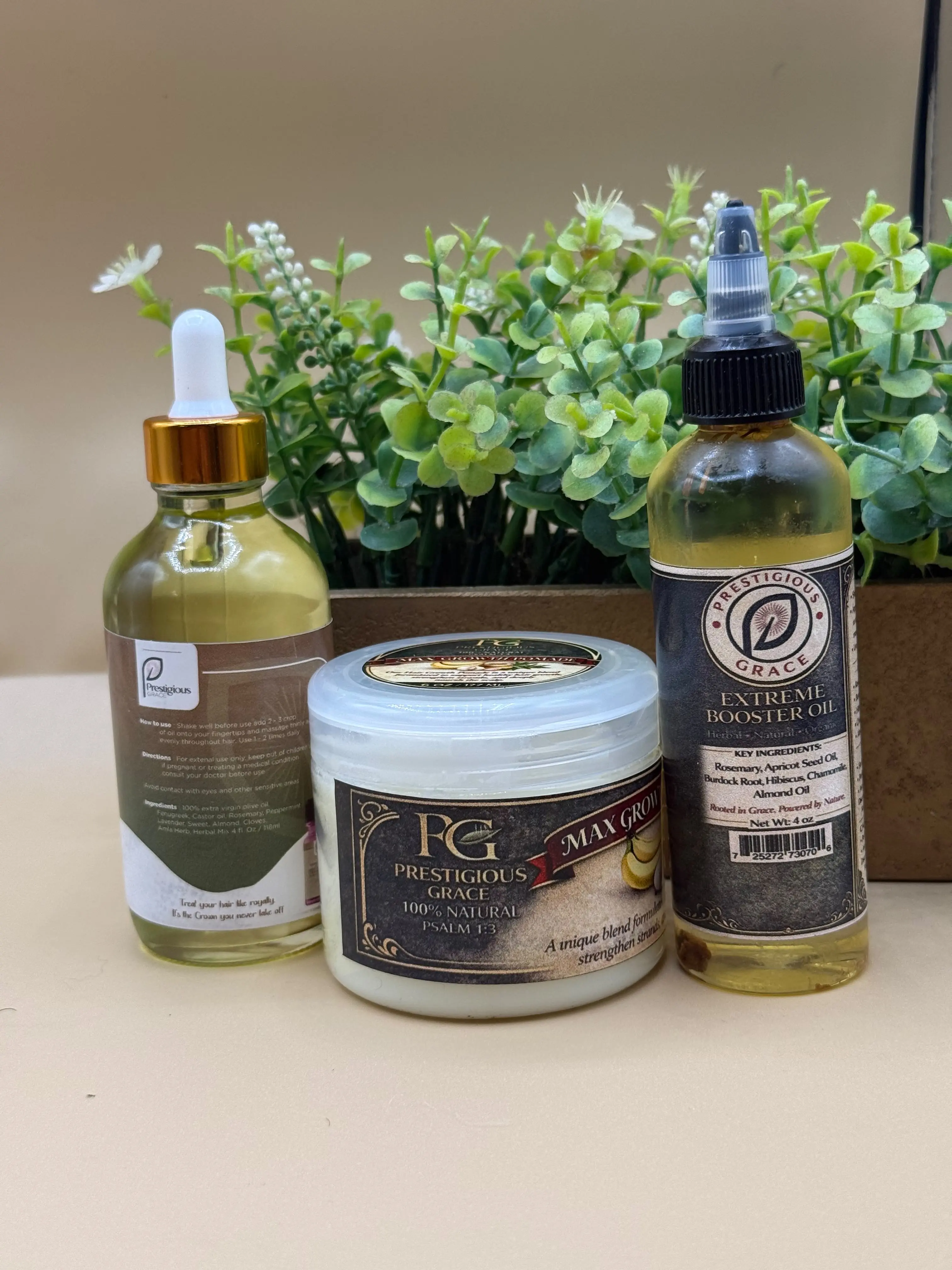 Prestigious Grace Hair Care Trio includes Stimulation Oil, Pomade, and Extreme Booster Oil