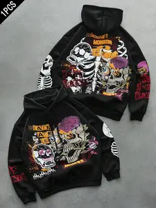 Men's Monster Skull Graphic Hoodie, Loose Fit Fitted Sweatshirt, Dark Y2K Streetwear for Fall & Winter, Casual Daily Wear
