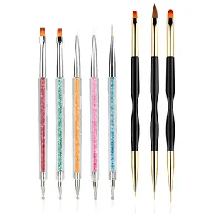 8PCS Nail Art Brushes, Double-Ended Brush and Dotting Tool Kit, Dual End Nail Art Pen Brush Acrylic Round Flat Painting Drawing Liner Nail Tools
