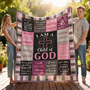 Christian Theme Religious Print Blanket - "I Am A Child Of God" Scripture Faith Slogan Print Flannel, Soft Cozy Multi-Size Plush Throw, Warm Fuzzy Bedroom Bedding, Perfect Baptism Gift For Christian Women Believers, Slogan Print Blanket, Religious Print B