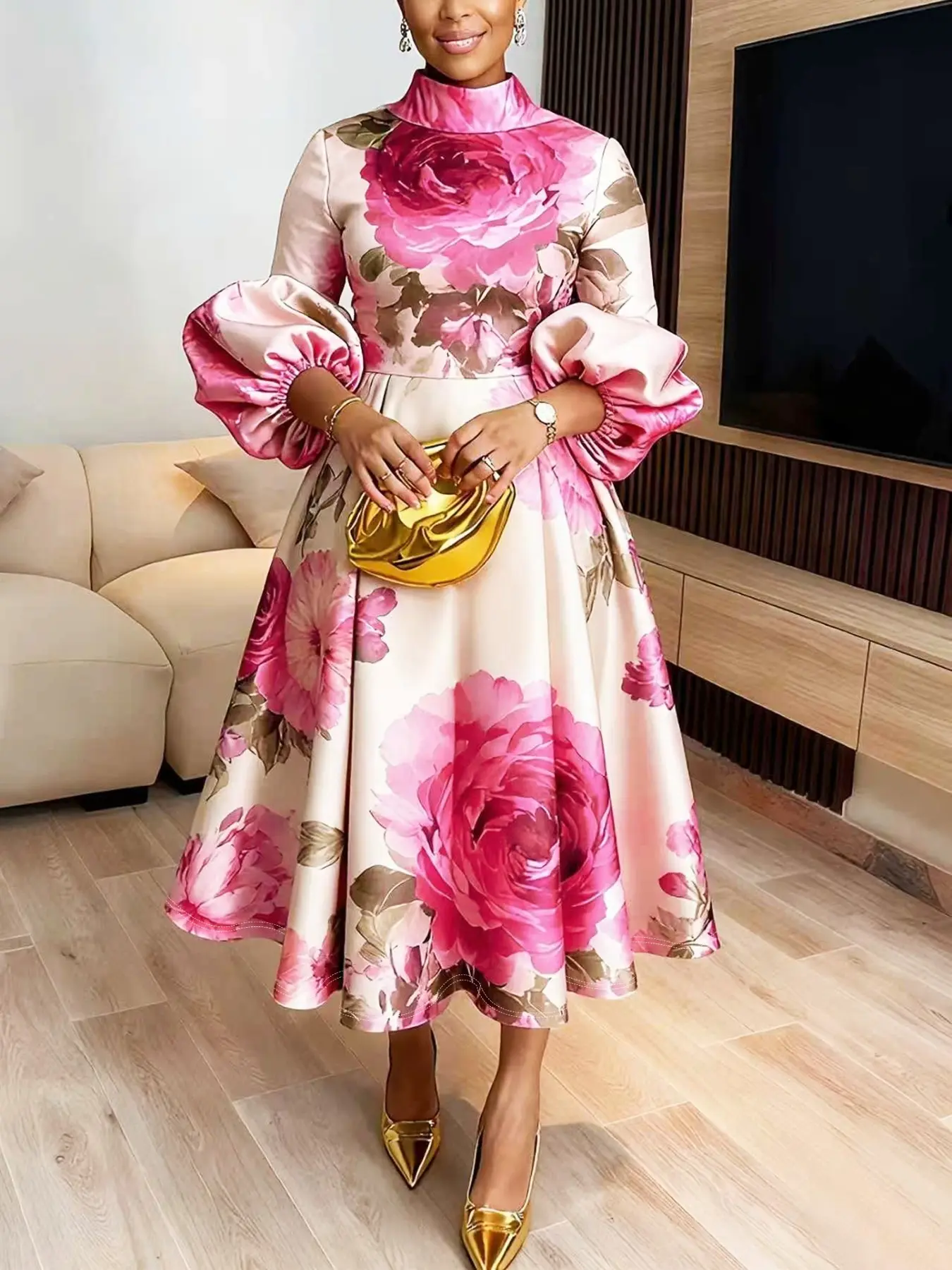 Elegant High Neck Lantern Sleeve Floral Womenswear Dress, Slim Fit Midi Lady Dress, Chic Gowns, Formal Evening Attire, Perfect for Special Occasions, Ideal Gift for Spring Summer Autumn Winter, Elegant Dresses, Elegance