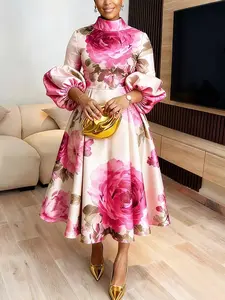 Elegant High Neck Lantern Sleeve Floral Womenswear Dress, Slim Fit Midi Lady Dress, Chic Gowns, Formal Evening Attire, Perfect for Special Occasions, Ideal Gift for Spring Summer Autumn Winter, Elegance