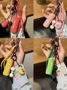 Sports-Style Foam Roller Keychain Charm, Sensory Fidget Keychain, Cute Mini Yoga Column With Small Dumbbells Paired With A Braided Strap, Combining Decorative And Stress-Relief Fidget Functions, Used As Bag Charm Or Car Key Accessory