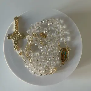 Our Lady of Guadalupe Catholic Rosary with Clear Crystal Beads Gold Pleated