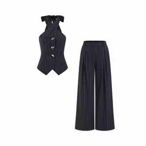 Cider Stripe Halter Neck Twist Knot Top & High Rise Wide Leg Trousers Set