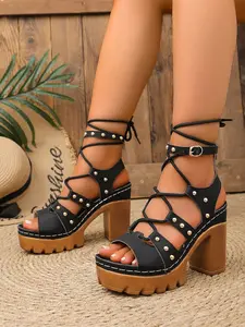 Plus Size Women's Thick Sole Sandals, Rivet Ankle Strap Chunky Heel Roman Shoes, Open Toe Summer Party Shoes, Comfortable and Stylish