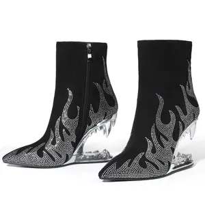 Women's Metallic Teeth Heel Ankle Boots Fashion Flame Rhinestone Pointed Toe Wedges High Heels Side Zipper Sexy Booties Woman