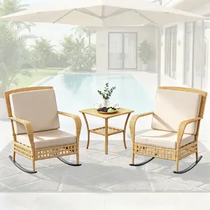 Yellow Beige Wider and Thicker Style Outdoor Rocking Chair, 3 Pieces Wicker Rocking Bistro Set with Rattan Table, Rattan Rocking Chairs with Washable Cushions, Outdoor Wicker Chair for Garden Backyard Porch Poolside