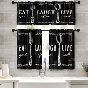 Black White Kitchen Window Curtains Valance and Tier Set 36 Inch Farmhouse Eat Good Laugh Often Live Well Rod Pocket Short Tier Curtain, Abstract Small Drapes for Kitchen Decor