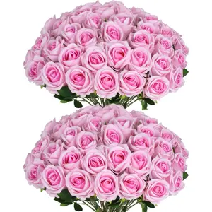 QUNWREATH 12/24/48 Pcs Premium Silk Velvet Artificial Roses with Long Stems, Realistic Decorative Flower Ornaments for DIY Wedding Bouquets, Plastic Plants for Home Decor