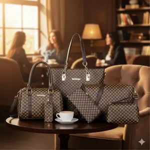 6-Pack Printed Tote Bags with Adjustable Strap, Multi-Pocket Organizer for School, Commute, Travel, Market & Daily Use, Durable Crossbody Bag for Women & Teens, Geometric Pattern Bag