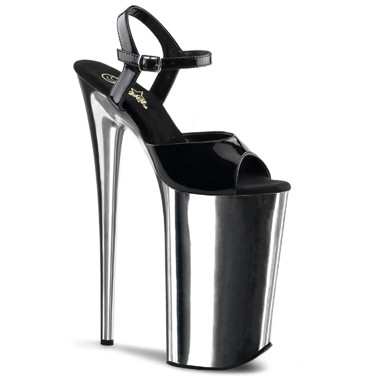 Pleaser Women's BEYOND-009 Patent Leather Heels, 10 in Extreme Stiletto with a Metallic Platform and Ankle Strap, Black/Silver Chrome, Footwear, Heeled