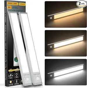 Under Cabinet Lights,88 LED Operated Motion Sensor Light indoor,2200mAh USB Rechargeable Closet Lights, 2Pack Magnetic Dimmable ClosetLights, Wireless Under Counter Lights for Kitchen, Stairs/USB Rechargeable Magnetic Under Cabinet Lights