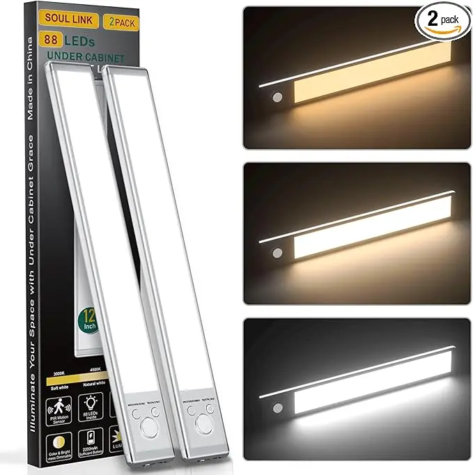 Under Cabinet Lights,88 LED Operated Motion Sensor Light indoor,2200mAh USB Rechargeable Closet Lights, 2Pack Magnetic Dimmable ClosetLights, Wireless Under Counter Lights for Kitchen, Stairs/USB Rechargeable Magnetic Under Cabinet Lights