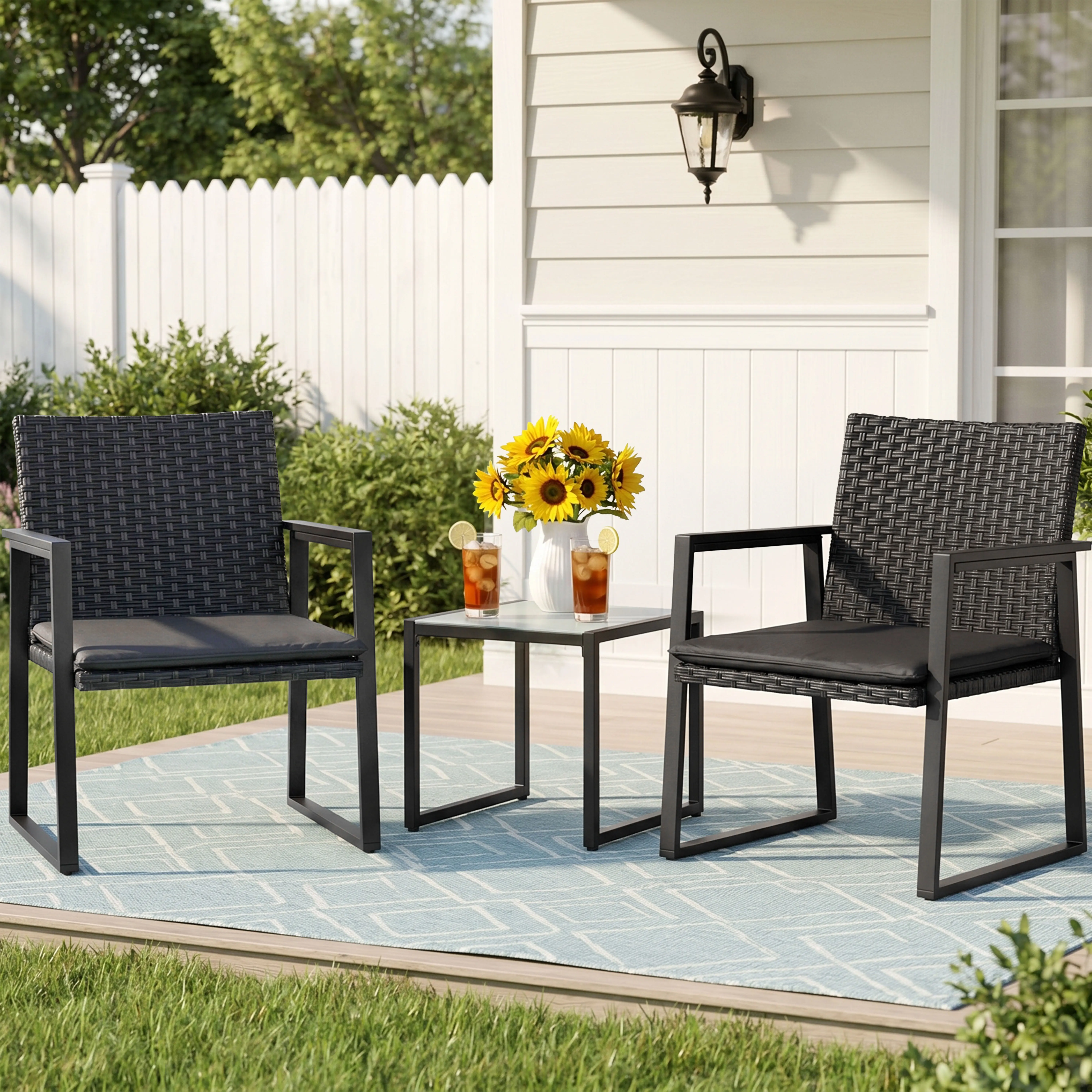 Walsunny 3 Pieces Outdoor Patio Wicker Furniture Set, Modern Rattan Chair Conversation Sets with Coffee Table for Yard and Bistro