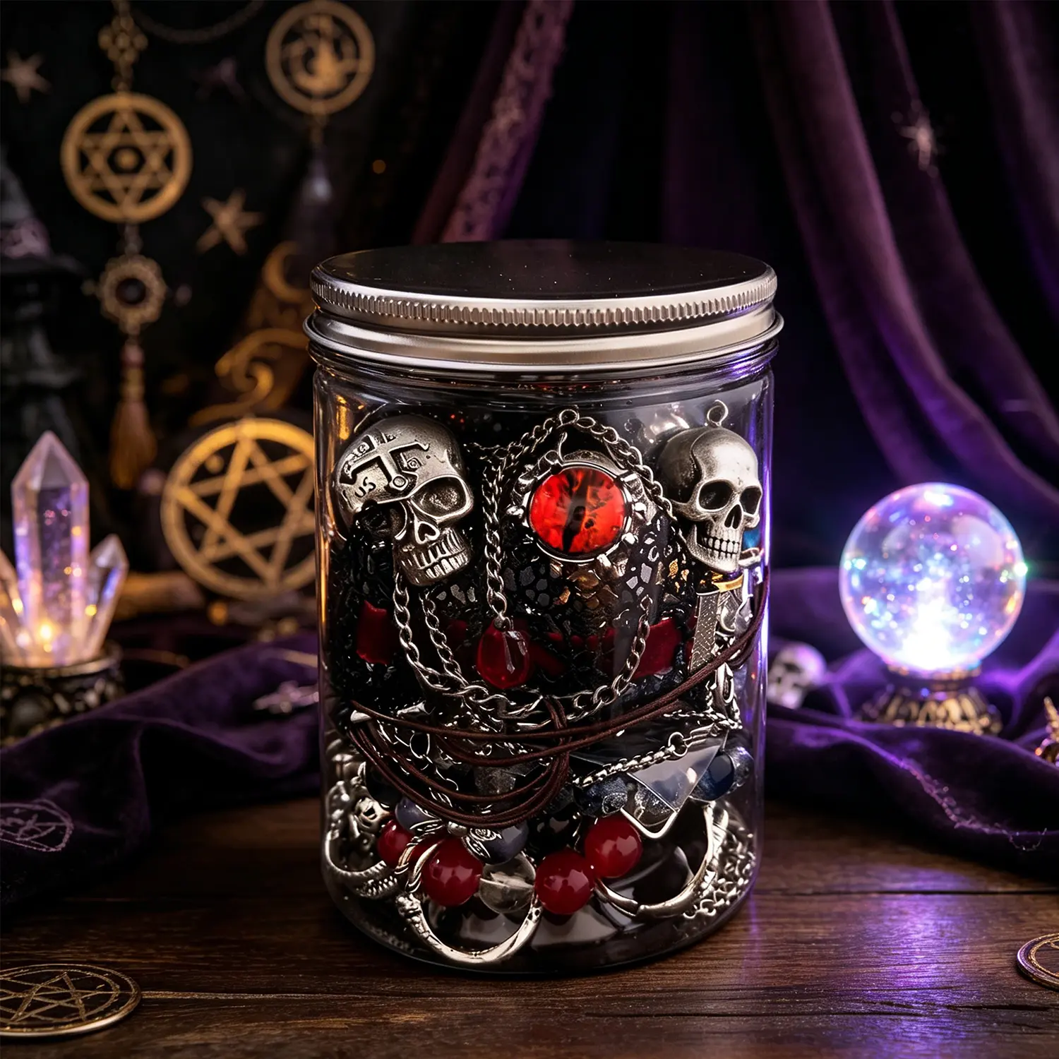 Mysterious Exquisite Jewelry Dark Gothic Witch Jewelry Jar - 30+Pcs Set with Adjustable Surprise Accessories: Necklace, Earring, Ring, Bracelet, Waist Chain, Hair Clip