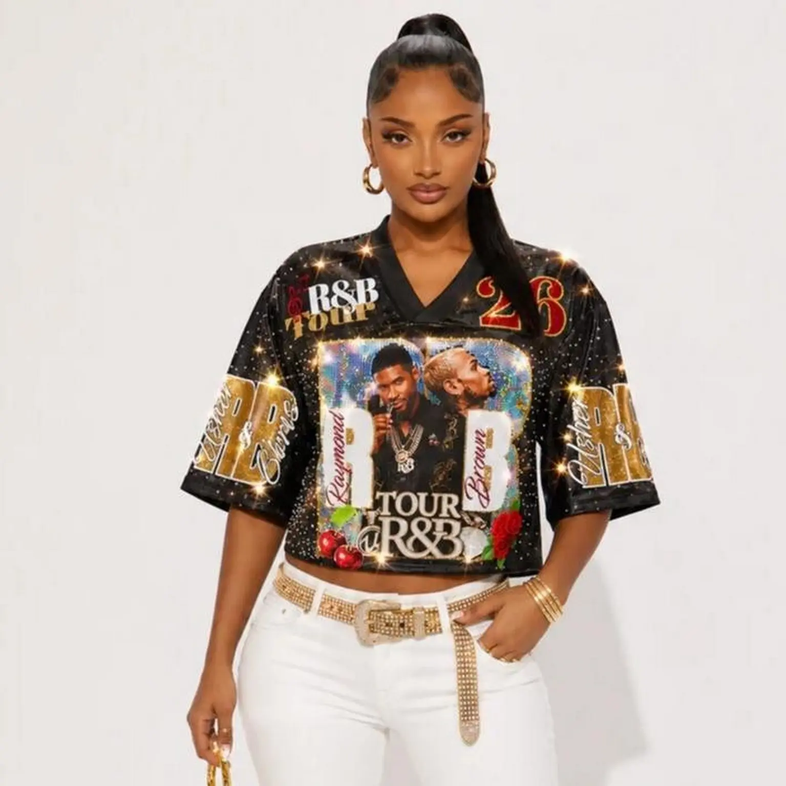 R&B Tour Showstopper Jersey, Fully Loaded Glam Edition Glitter Crop Top Jersey, Sparkle Mesh Football Shirt, Concert Outfit Streetwear Top, Stylish Music Fan Apparel Gift for Women