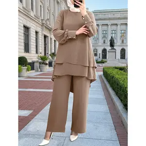 [Top & Pants Set] New Muslim Women's Solid Color Double-Layer Top and Loose Wide Leg Pants Set