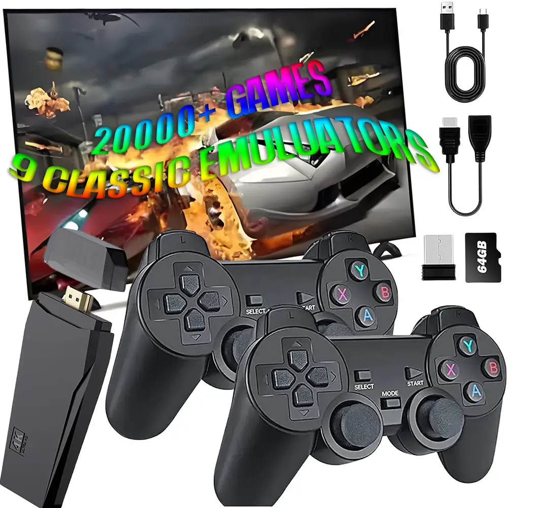 M8 Wireless Game Console，Built in 20000+ Games，9 Classic Emulators，4K HDMI Output and 2 Wireless Controller, Plug and Play Video Game Stick for TV，Retro Gaming Consoles，64G，Black simulator