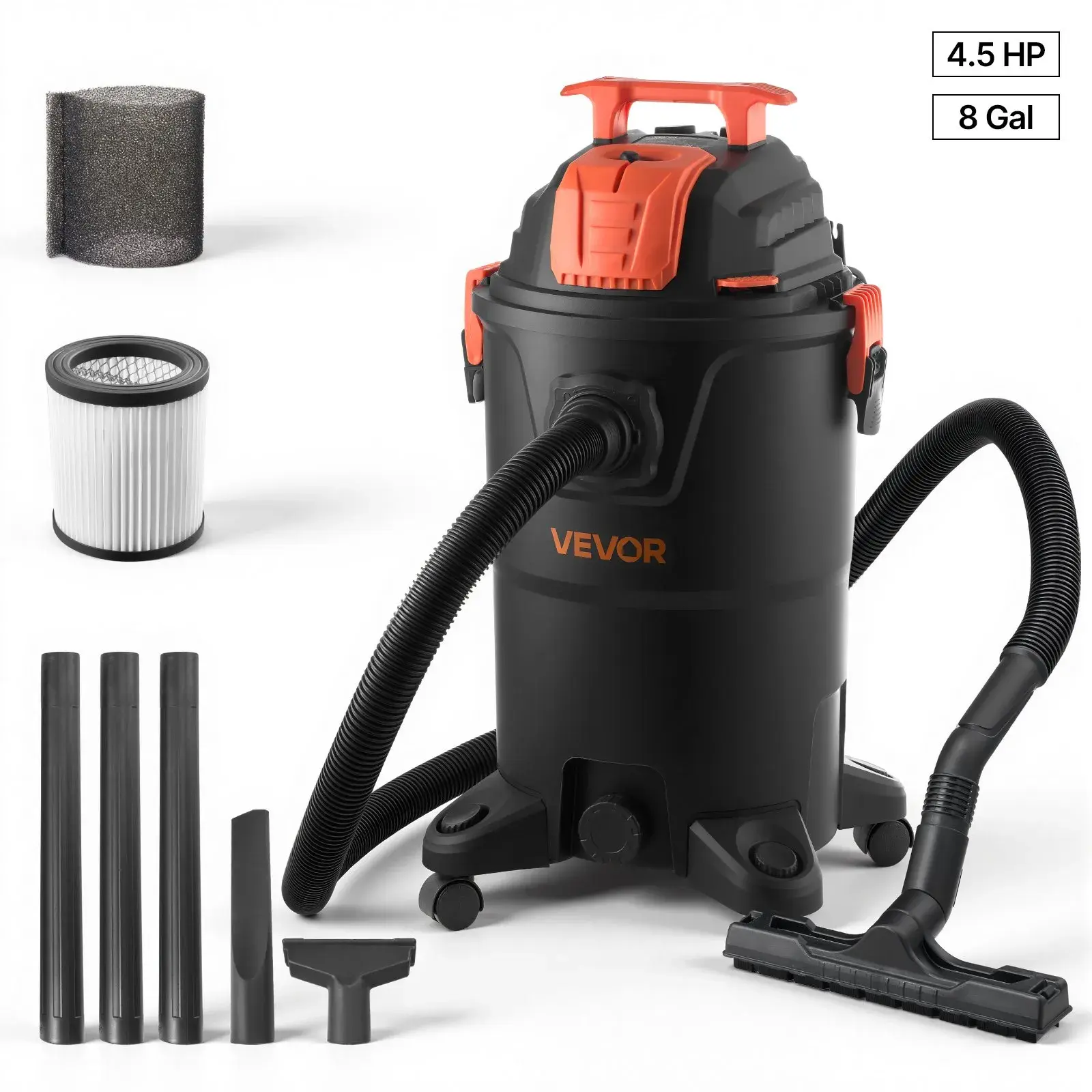 【Summerfinds】VEVOR Shop Vac,8 Gallon Wet Dry Shop Vacuum4.5 Peak HP Portable with One-Button Self-CleaningDual-Filter900W Input Power1.25in x 7ft Hose9.8ft Cord for JobsiteWorkshopGarageHome