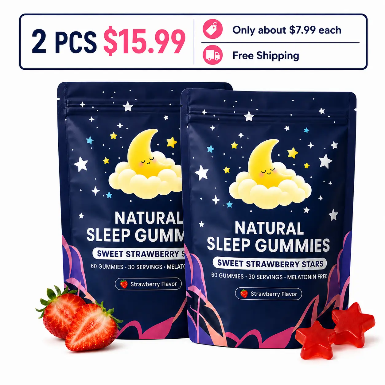 2 Pack of Natural Sleep Gummies - 120 Servings -Sweet Strawberry Stars (Melatonin Free) 2 Pack of Natural Sleep Gummies - 120 Servings -Sweet Strawberry Stars (Melatonin Free)
