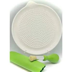 Ceramic Garlic Grater Plate 3- Set - White Modern Design and Style - For Garlic, Ginger, , and ! - Comes with 6.5" Plate, Peeler, and Brush