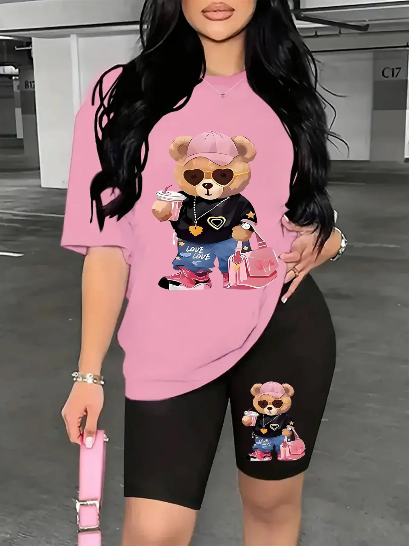 Summer Women's 2-Piece Matching Lightweight Outdoor Clothes Set, Round Neck Bear Pattern Short Sleeve T-Shirt & Fitted Pants, Casual All-Over Print, Above the Knee Length, Casual Beach Set, Pants Set Outfit