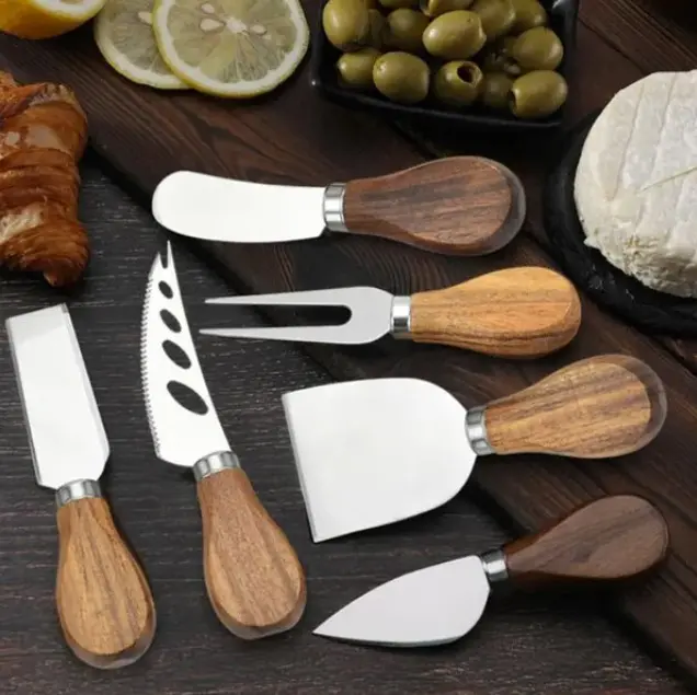 Kitchenware 6-Piece Steel Wood Cheese Knives Set with Wooden Handles - Cutting Tools: Spreaders, Forks, Cutters for Charcuterie Boards, Wine Nights (Rustic Charm), Durable Steel Cheese Knives