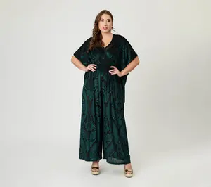 Unique Vintage Green Velvet Floral Burnout Caftan Jumpsuit