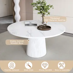 47 Inch Round MDF Dining Table for 4, Modern Farmhouse Kitchen Table with Wood Strip Base, Marble Veneer Circle Dinner Table for Kitchen and Living Room
