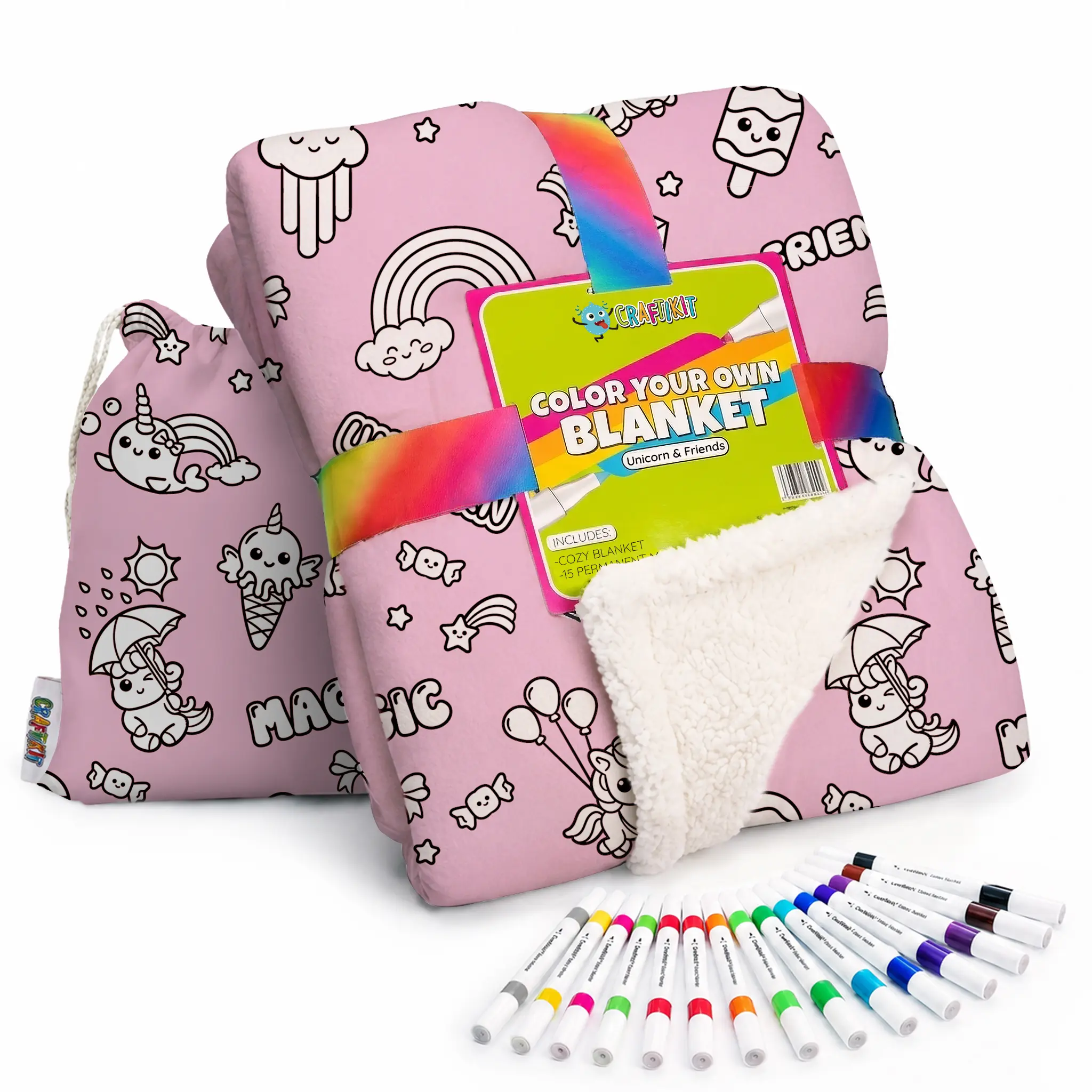 Craftikit Unicorn Print Colorable Art Blanket - 40x60 in Personalized Blankets, Bedding with Fabric Markers, Travel Ready Tote, Creative Play Sleepover Activity, All Seasons Birthday Gift