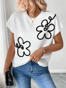 SHEER US 2026 New Outfits Women's Floral Print Loose Fit Short Sleeve Knitted Sweater with Black Flower Design on White Background