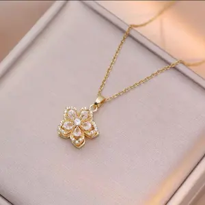 Women’s necklace — gold flower stress-relief necklace; rotating crystal silver flower pendant; adjustable necklace; rotating stress-relief necklace; fun gift jewelry; rotating flower pendant necklace