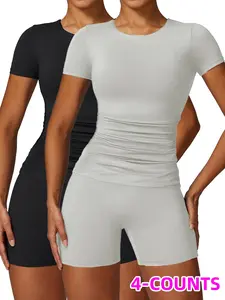 Women's Solid Round Neck Tee & High Waist Skinny Shorts Tracksuit Set, Sporty Breathable Comfy Outfits for Yoga Gym Workout Running, Ladies Sportswear for All Seasons