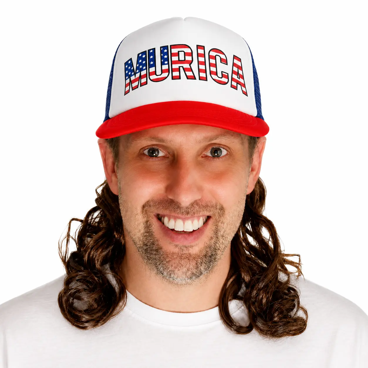 HandinHandCreations USA Mullet Hat Brown Wig Murica 4th of July All American Costume Patriotic Hat Flat Bill Hat Adjustable Stylish Hat Flat Bill Snapback