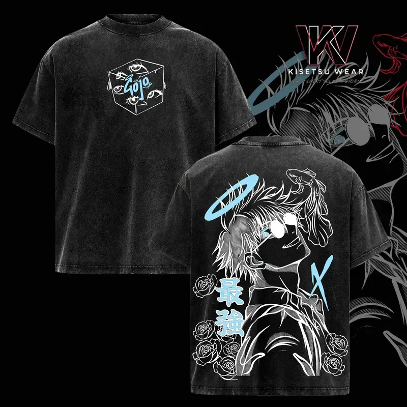 Gojo Satoru Vintage Washed Oversized T-Shirt – Jujutsu Kaisen Anime Graphic Tee, Soft Cotton Casual Streetwear Apparel, Unisex Top, Gift for JJK Fans, Anime Aesthetic Outfit