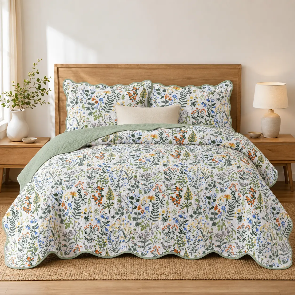 3-Piece Wildflower Quilt Set King Size, 104" x 90" Botanical Floral Bedspread with 2 King Pillow Shams, Reversible Sage Green Scalloped Edge Coverlet for Cottage Farmhouse Bedroom Decor