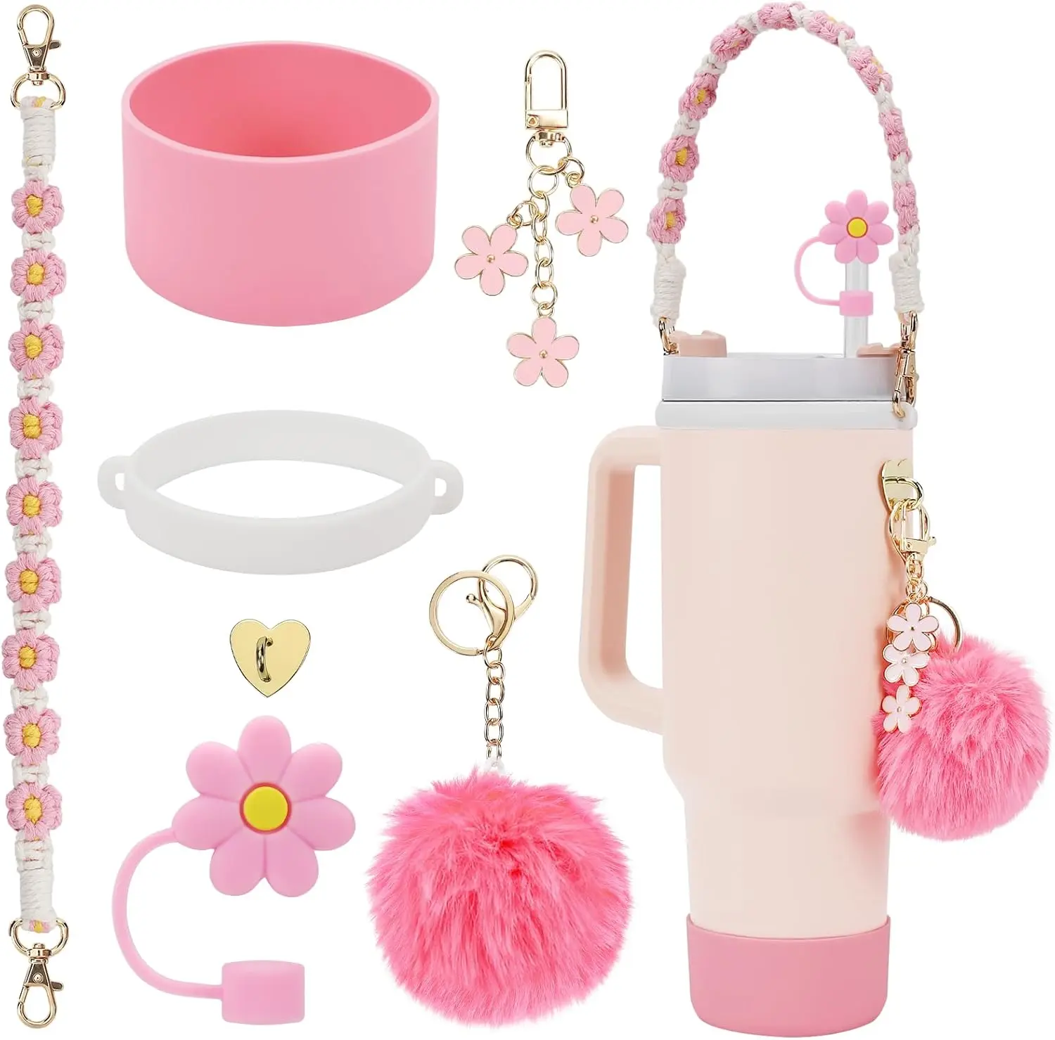 Stanley Cup Accessories Set Including Water Bottle Handle Strap, Siliocne Stanley Cup Boot, Siliocne Straw Cover, Stanley Charms for Stanley Cup