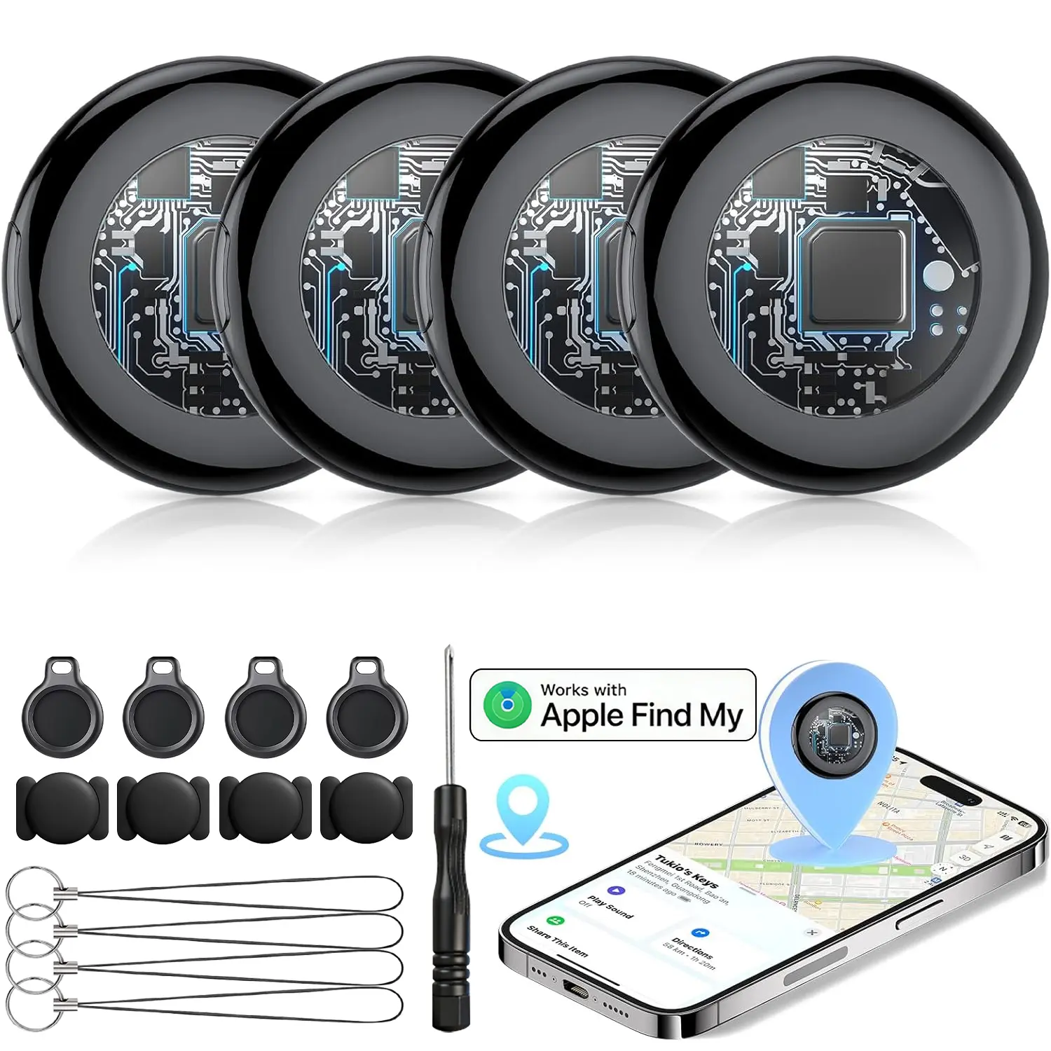 Air Tracker Tags-4 Pack: Smart Bluetooth Tracker,  Tag Locator for Cars, Pets, Keys, Luggage, Satchel, Weatherproof Case, Anti-Lost Device, Works with Apple Find My (iOS Only), No Monthly Fees, IP67 Waterproof, Replaceable Battery Remote