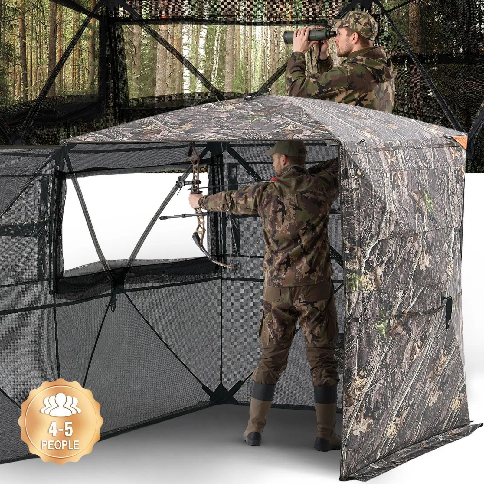 【SummerFinds】VEVOR 4-5 Person Portable Fiberglass See-Through Ground Blind, 360° Visibility Camouflage Tent with Aluminum Frame, Carrying Bag, Silent Zipper Door & Window, 70x70x81 in Durable Concealment Shelter for Turkey Hunting