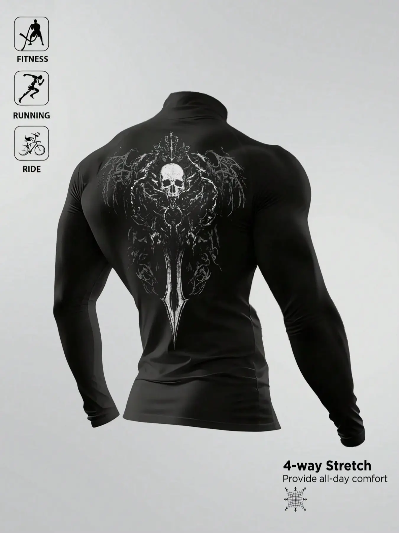 Men's Compression Workout Rash Guard, High-Neck Long-Sleeve Skull Graphic Top, 4-Way Stretch Quick-Dry, Ideal for Fitness, Running, Riding